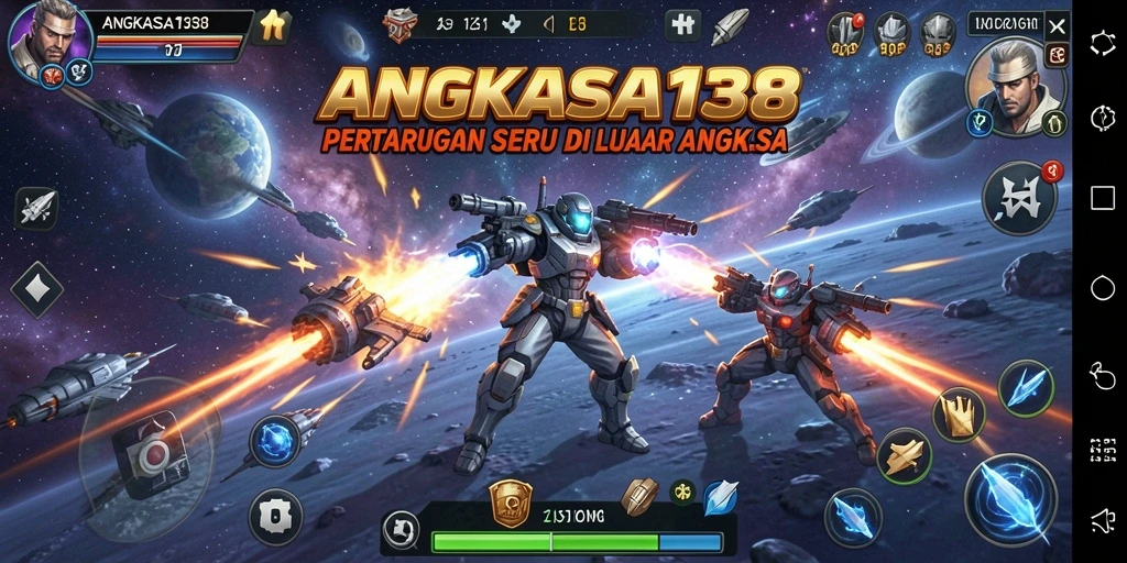 Tangkapan layar gameplay <strong>ANGKASA138</strong> menunjukkan aksi pertarungan luar angkasa yang mendebarkan.