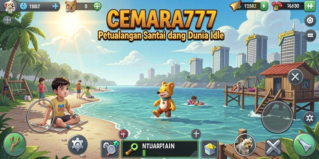 Tampilan gameplay CEMARA777 dengan karakter mengumpulkan sumber daya.