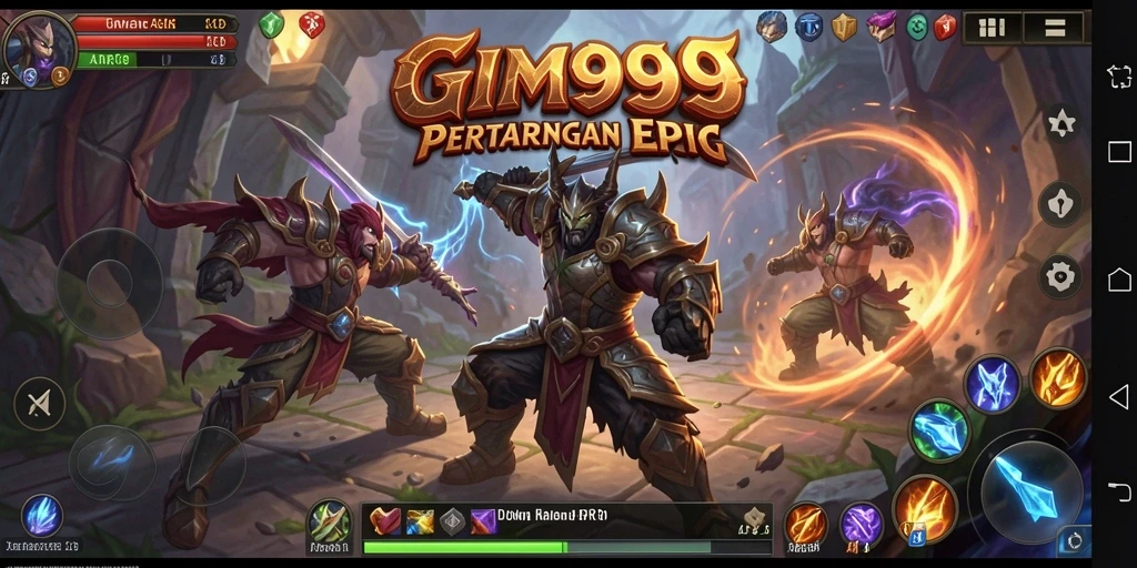 Screenshot menunjukkan pertarungan seru dalam GIM999 dengan karakter yang beraksi.