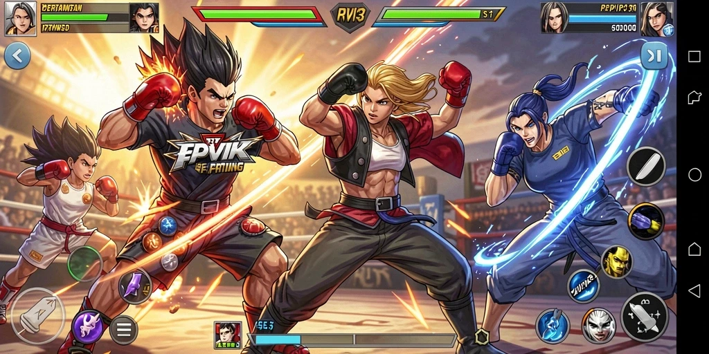 Tangkapan layar gameplay RPVIP3 yang menunjukkan karakter bertarung di arena.